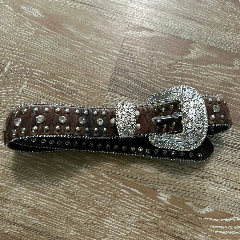 Nocona Western Studded Rhinestone Calf Hair Leather Belt Cowgirl Rodeo FestivalM - Picture 4 of 10